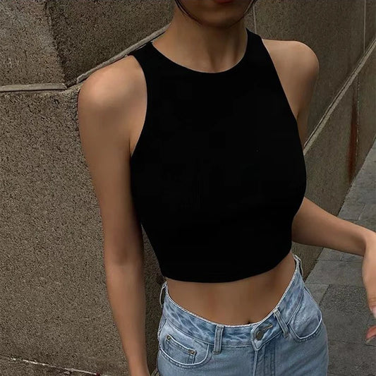 Women Solid O Neck Ribbed Sleeveless Tank Top Camisole Women Summer Basic Elastic Black Crop Top Ladies