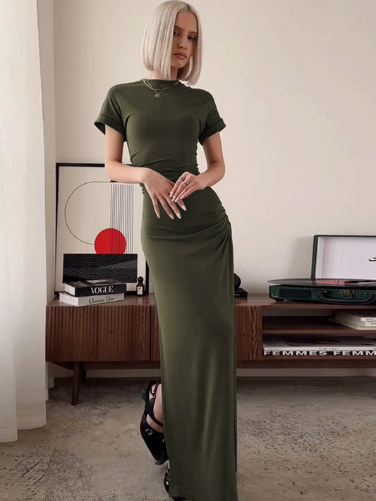 Women’s Elegant O Neck Maxi Dress Short Sleeve Slim High Waist Shirring Dress Sexy Side Slit Evening Club Bodycon Dress Lady