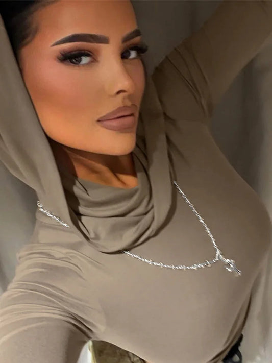 Women’s Hooded Crop Tops Autumn Solid Color Long Sleeve Cowl Neck Slim Fit Short T-Shirt Streetwear Sporty Basics Tees