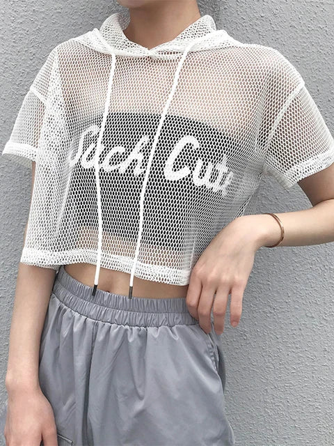 Womens Hollow Mesh Net Hooded T-Shirt Short Sleeve Tee Tops Transparent Black Swxy Clubwear Party