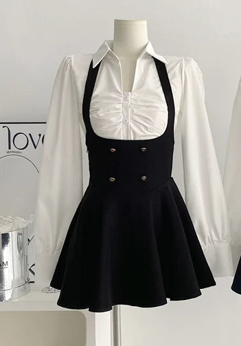 Conjunto de 3 piezas Y2K para mujer: abrigo corto, camisa de manga larga y minivestido con volantes y cintura alta, estilo coreano chic y sexy.