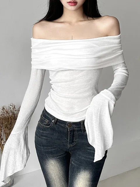 Y2k Aesthetic Simple Fashion Women’s Tee Shirts Slash Neck Long Sleeve Solid Casual T-Shirts Vintage Off Shoulder Trendy Tshirts
