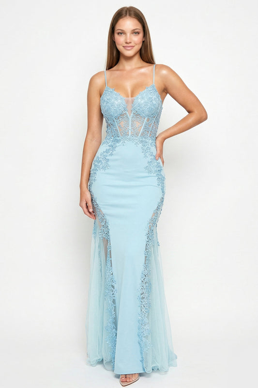 Symphony Dress - Flower Appliques On Mesh Trumpet/Mermaid Maxi Dress