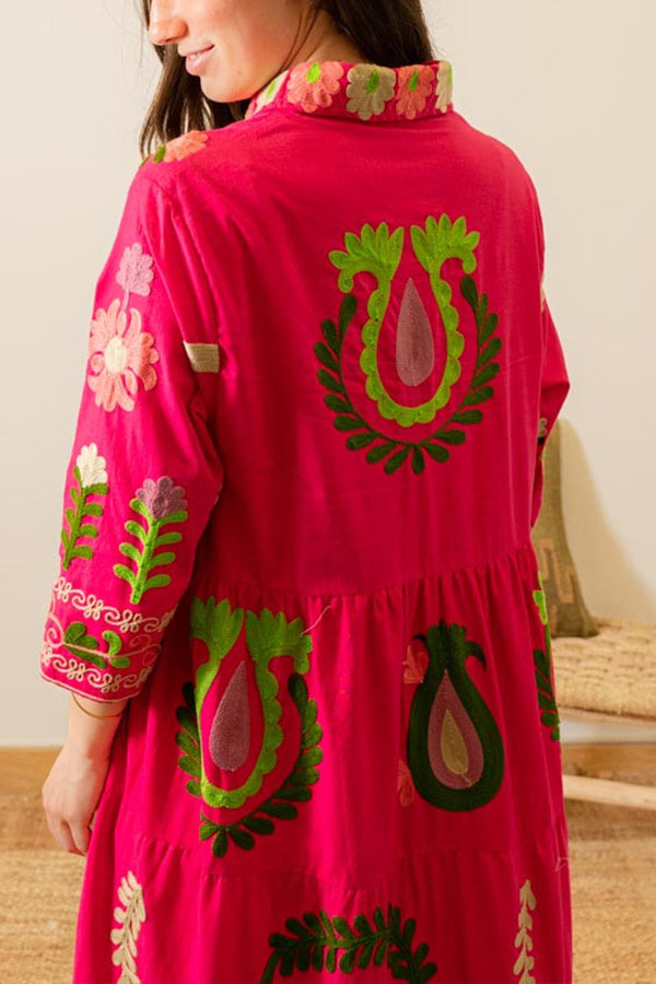 VESTIDO CAMISA FLORES ROSA FUCSIA
