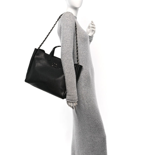Caviar Stitched Large Lady Coco Shopping Tote Black