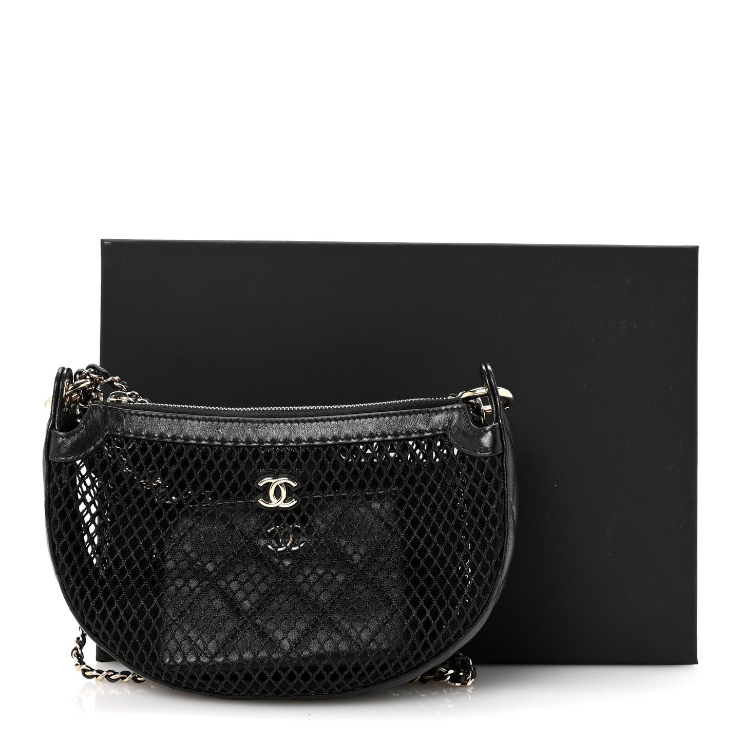 Mesh Shiny Lambskin Chain Hobo Black