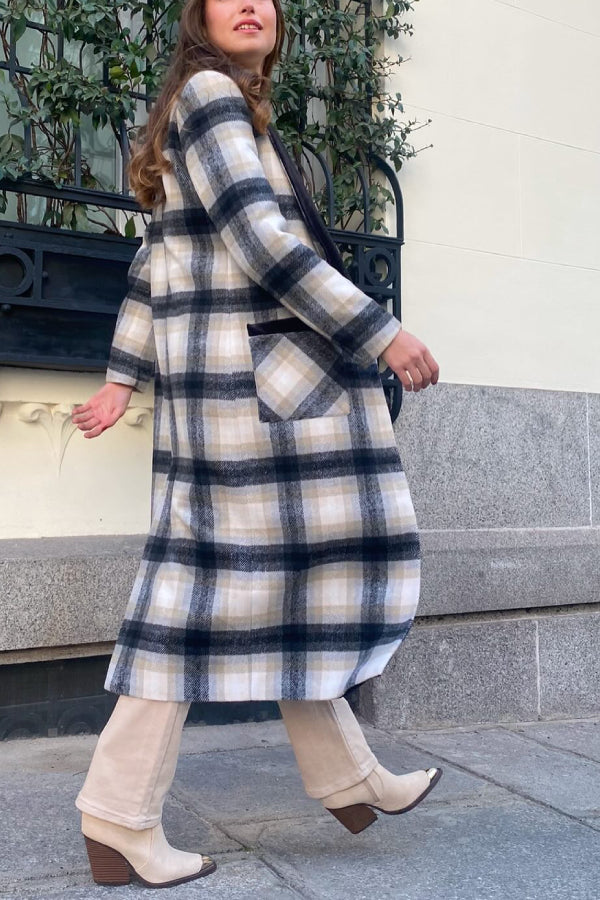 Abrigo largo de lana a cuadros de franela alargado