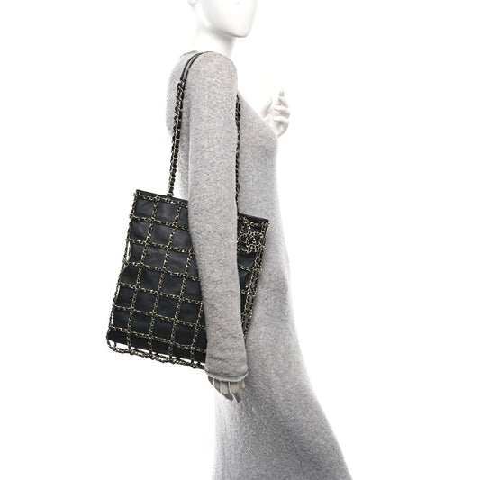 Lambskin Large Shopping Chain Tote Black