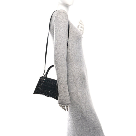 Shiny Calfskin Monochrome Crocodile Embossed Small Hourglass Top Handle Bag Black
