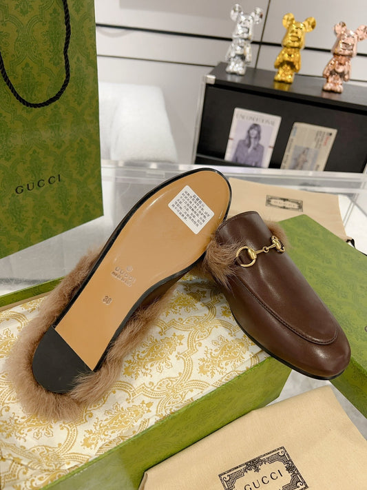 GG Princetown Slipper Brown Calfskin Tuscan Wool