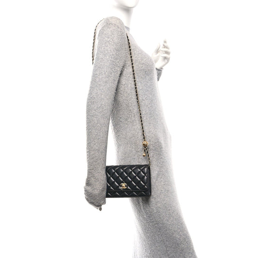 Lambskin Quilted CC Pearl Crush Wallet on Chain WOC Black