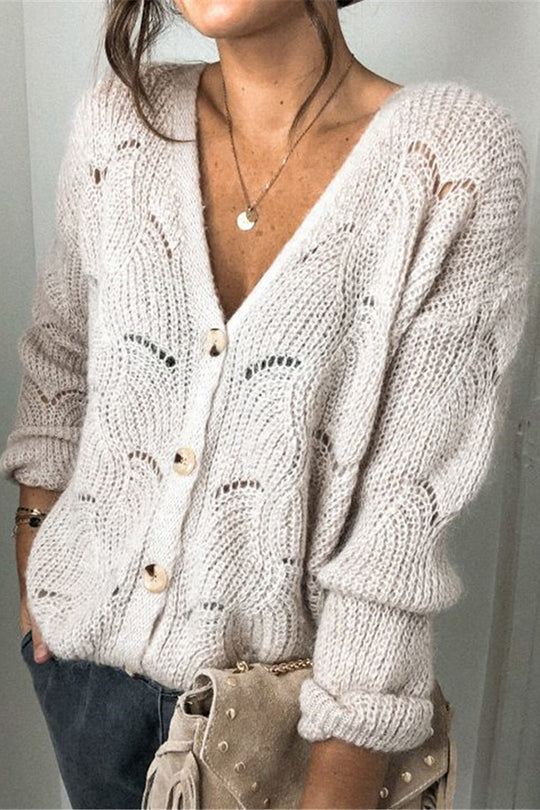 Cárdigan de punto de manga larga con cuello en V de moda
