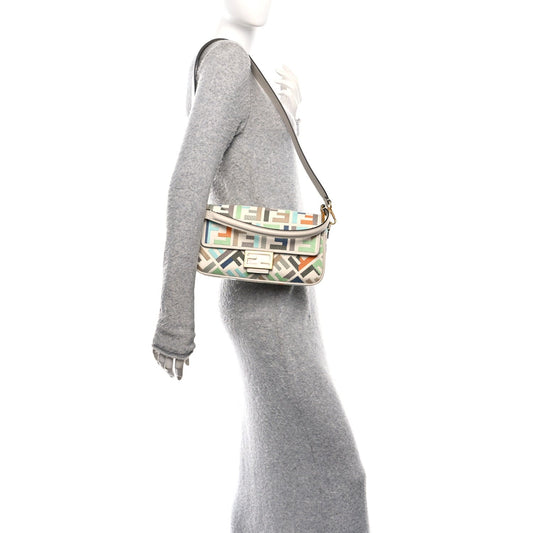Canvas Vitello Seta FF Multicolor Embroidered Baguette Grezzo Multicolor Latte