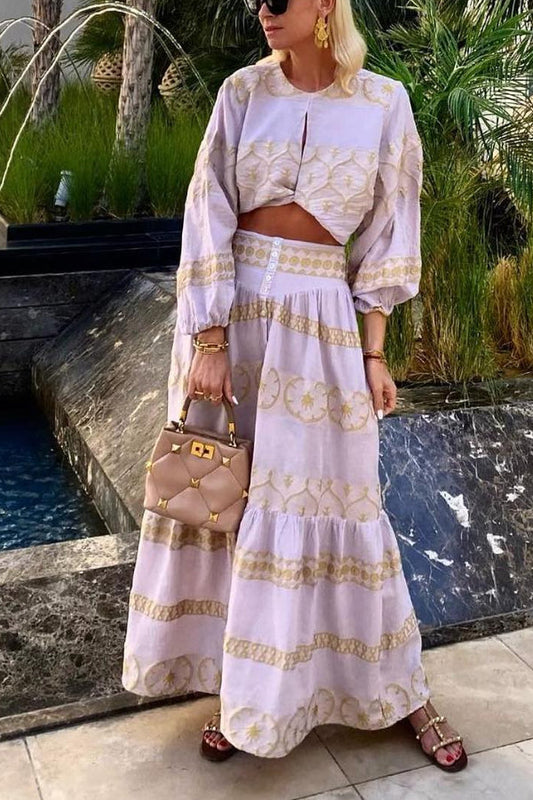 Mustard Yellow Printed Horizontal Long Sleeve Cropped Top