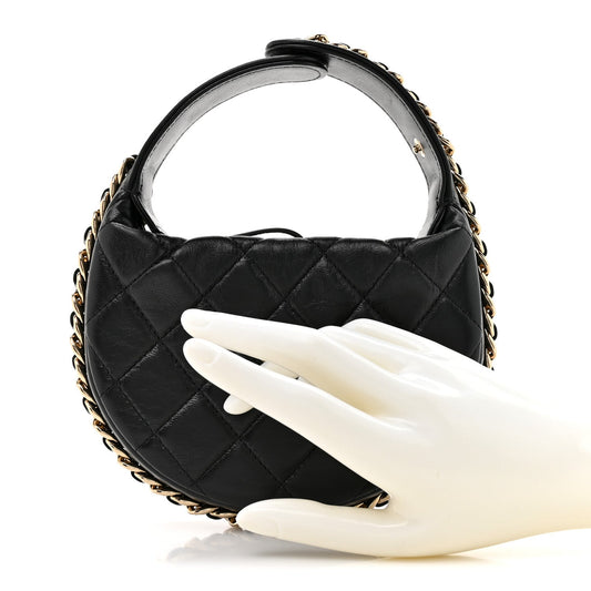 Lambskin Quilted Chain Around Pouch Black