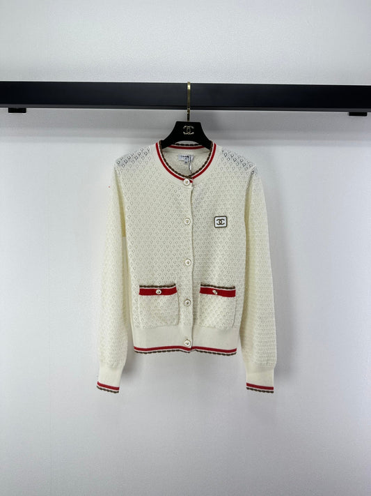 Chanel 2025 Long-sleeved Cardigan Cream and Black Cotton Cashmere 325737