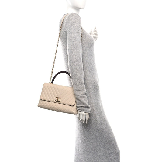 Caviar Lizard Embossed Chevron Quilted Small Coco Handle Flap Beige