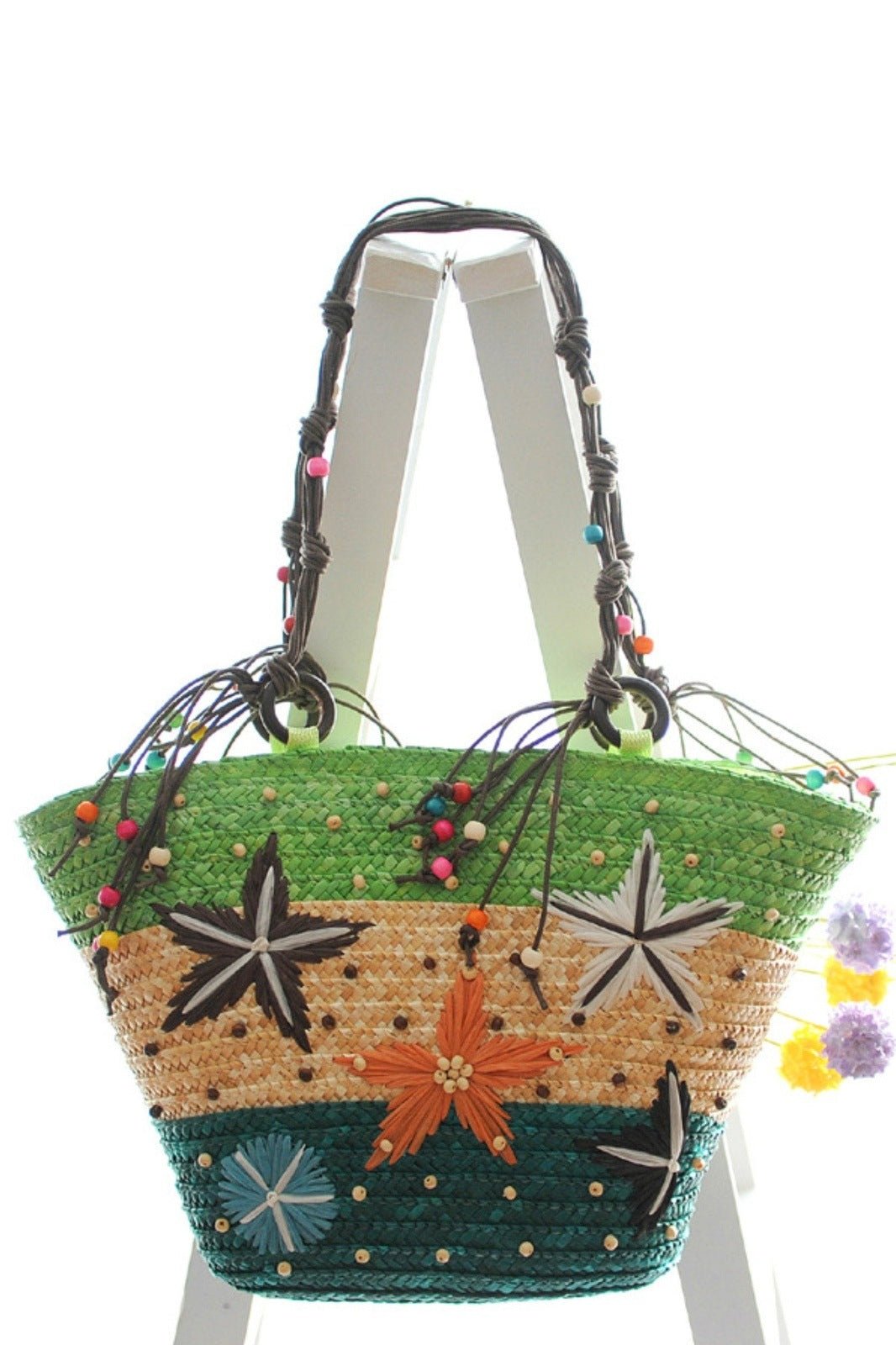 Bolso tote de paja con tejido de estrella de mar bordada Arora