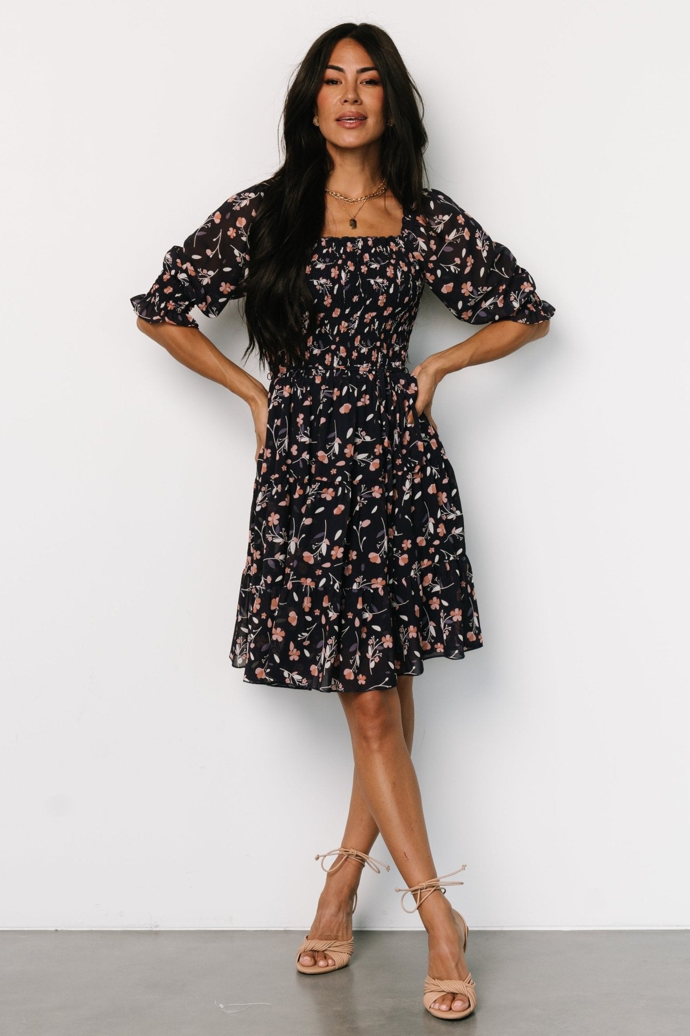 Azlyn Smocked Short Dress | Navy + Pink Floral