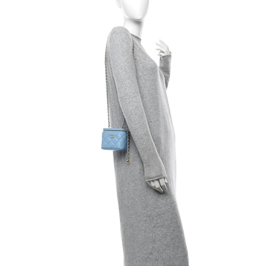Lambskin Quilted Pearl Crush Mini Vanity Case With Chain Light Blue