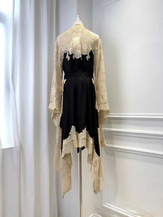 Zimmermann 2025 Hypnotic Satin Wrap Dress Black Cream Lace Silk