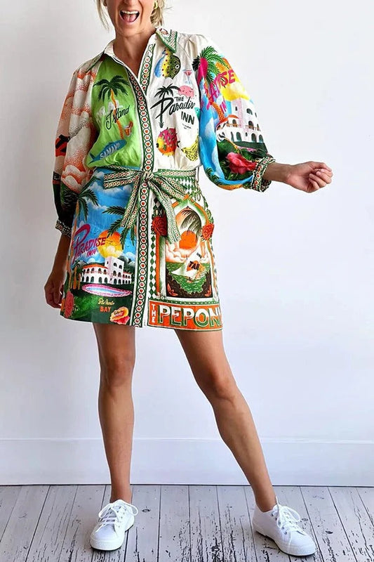 Vestido mini camisero con bolsillo y cinturón, estampado único de mezcla de lino y sofisticación veraniega