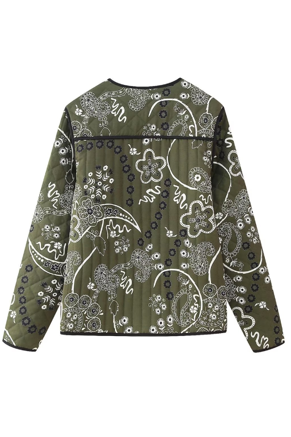 Chaqueta holgada de cuello redondo con bolsillos y estampado retro