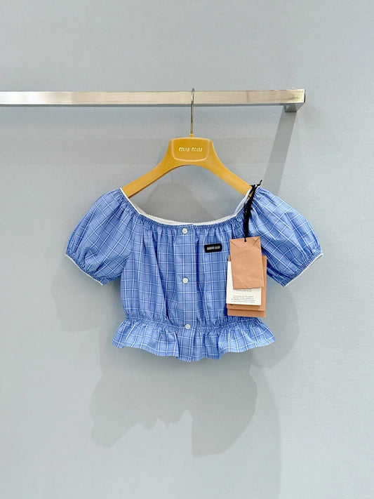 Miu Miu 2026 Plaid Top Blue Cotton