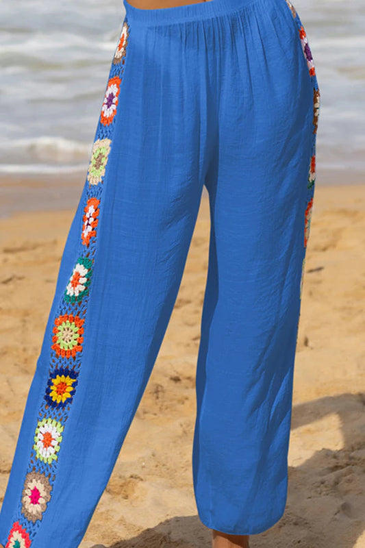 Pantalones Dimarco de lino, mezcla de colores, con flores de crochet y patchwork, cintura elástica y pierna ancha