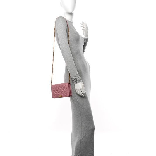 Metallic Lambskin Quilted Boy Wallet On Chain WOC Pink