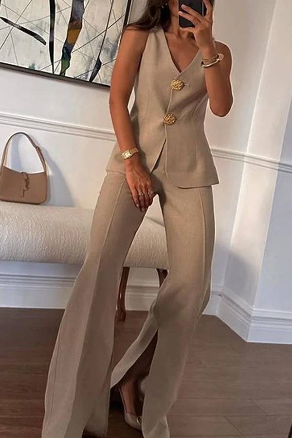 Conjunto de dos piezas de chaleco y pantalón de traje elegante de color liso sin mangas