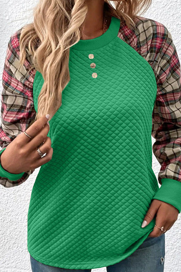 Sudadera informal de cuello redondo y manga larga con patchwork de cuadros de diamantes de moda