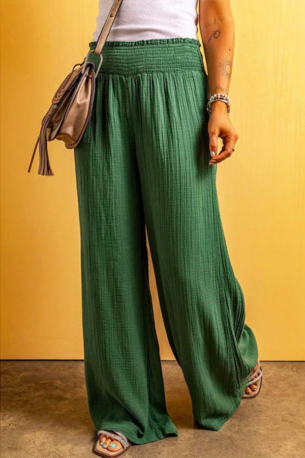 Pantalones de lino y algodón con cintura elástica y pierna ancha fruncidos
