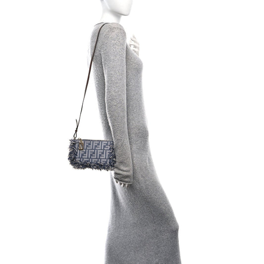 Denim Vitello Fringe FF Embroidered Baguette Pouch Myrtle Dark Nut