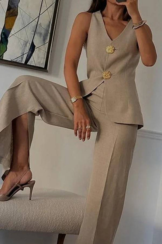 Conjunto de dos piezas de chaleco y pantalón de traje elegante de color liso sin mangas