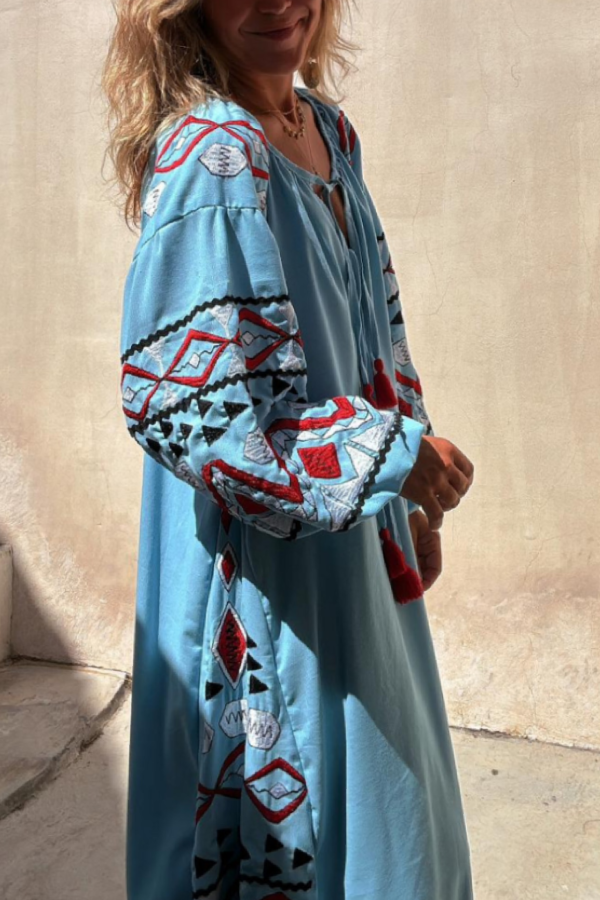 Falda larga con cuello en V azul, estilo étnico, estampado retro