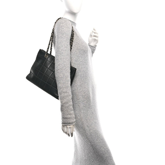 Calfskin Stitched Chocolate Bar Shopping Tote Black