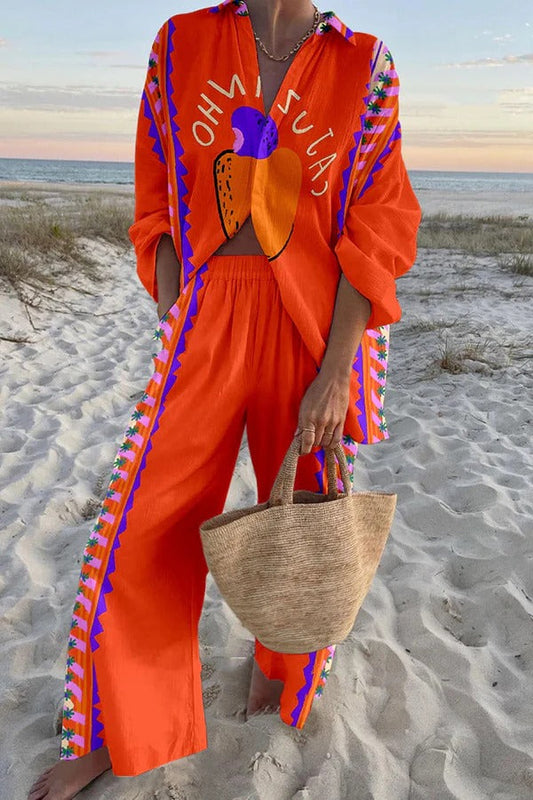 Conjunto de camisa holgada con estampado de frutas y pantalón con bolsillo en la cintura elástica