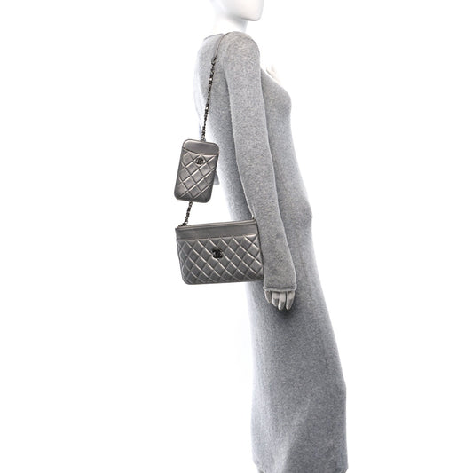 Metallic Lambskin Quilted Clutch With Chain Silver