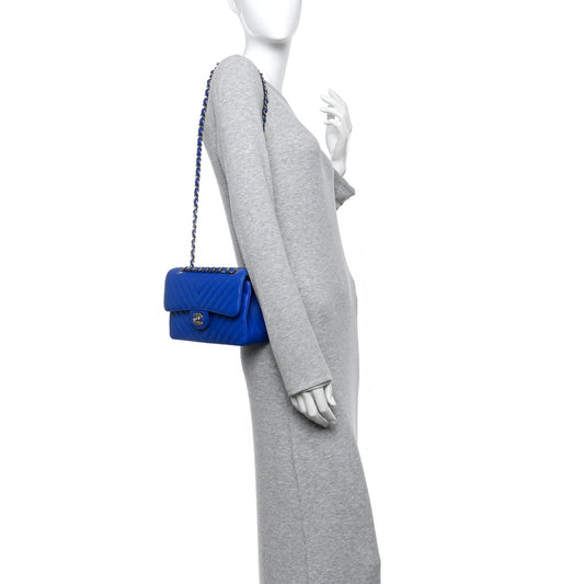 Caviar Chevron Quilted Small Double Flap Blue