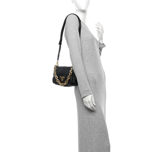 Nappa Metal Quilted Small Patchwork System Flap Bag Black