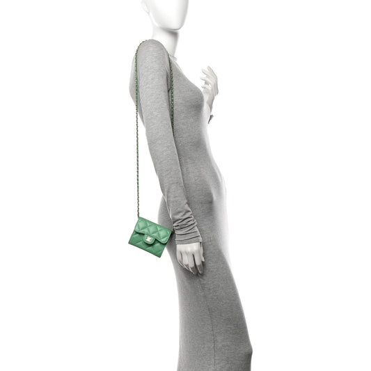 Caviar Quilted Flap Card Holder On Chain Light Green