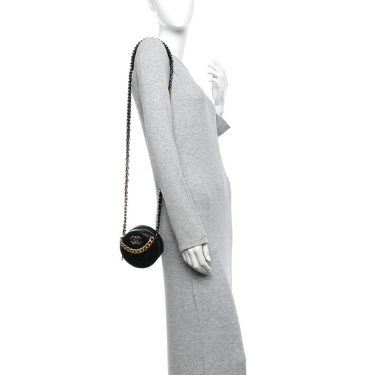 Shiny Goatskin Quilted Chanel 19 Round Clutch With Chain Black