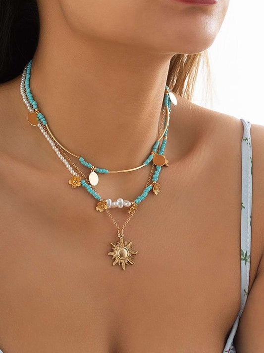 3pcs Sun \u0026 Floral Faux Pearl Beaded Necklace