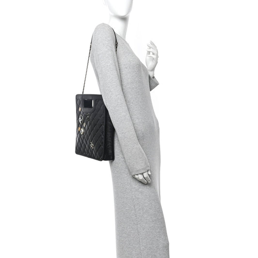 Aged Calfskin Small Charms Shopping Bag Black