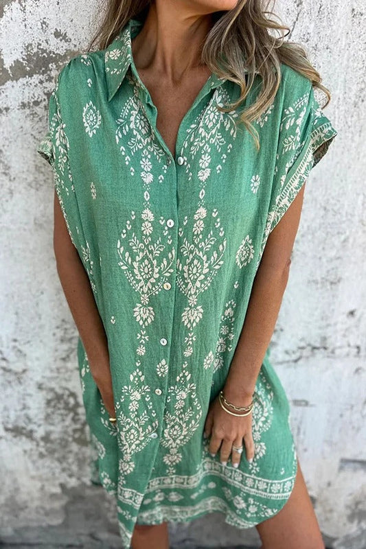 Vestido mini informal con solapa y bolsillo y estampado único de mezcla de lino