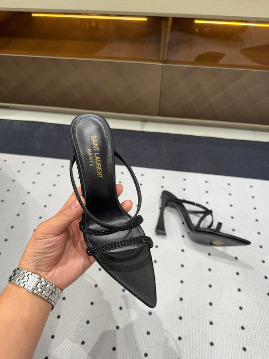 HIGH CRYSTAL STRAP SANDALS IN BLACK SILK