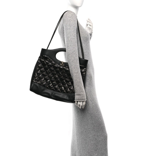 Crumpled Calfskin Quilted 31 Large Shopping Bag Black