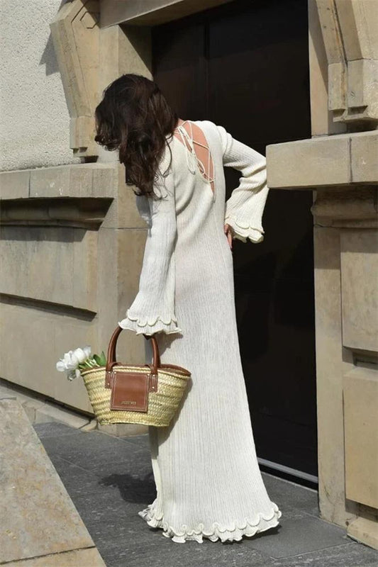 Vestido largo de punto de manga larga con volantes Clara