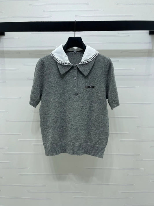 Miumiu 2026 Pan Collar Knit Short-Sleeve T-Shirt Gray and Navy Blue Wool